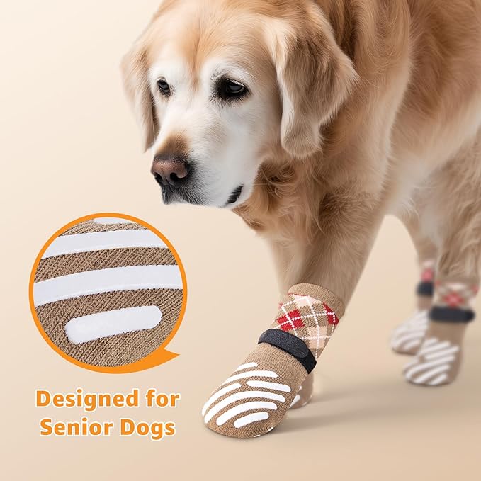 LOOBANI Dog Socks to Prevent Licking Paws - Dog Socks for Hardwood Floors Anti Slip for Traction Control - Dog Grippy Socks for Senior Dog Small Medium Large Dogs on Tile Floors, Caramel L