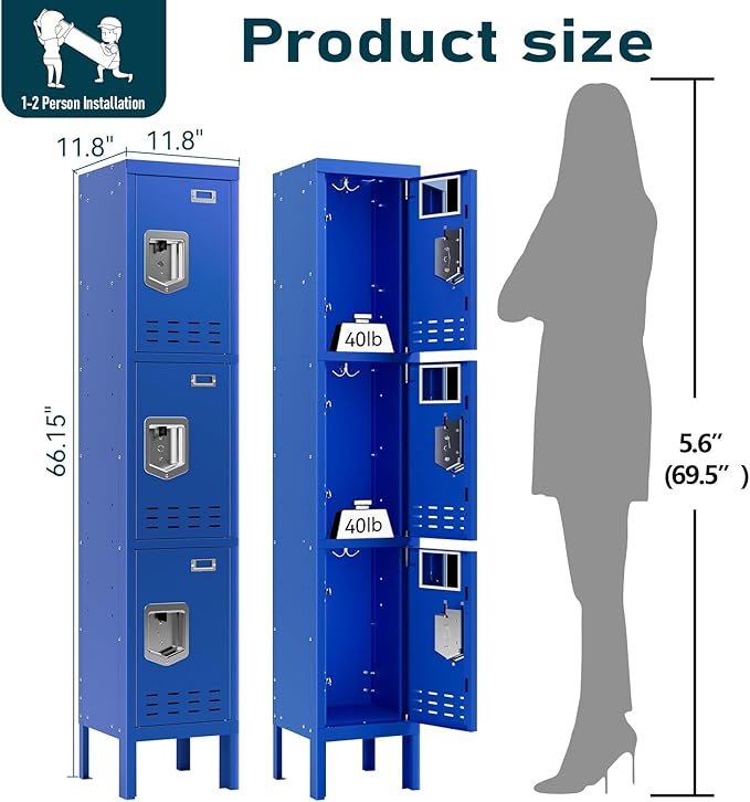 Metal Lockers - 66" Height Steel Lockers for Employees with 3 Door Storage Locker with Card Slot for Employees Gym School Home Office Garage - Assembly Required