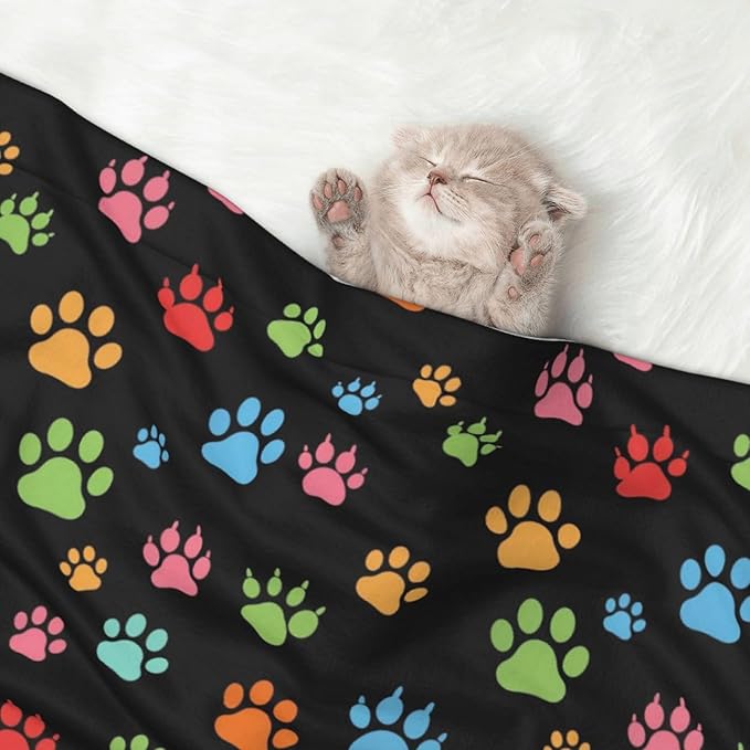 Two Sided Plush Pet Blanket for Crates Carriers Home Use, Pink Red Blue Green Dog Pug Paws, Reversible Throw with Cozy Dot Fabric and Silky Reverse for Small Large Pets