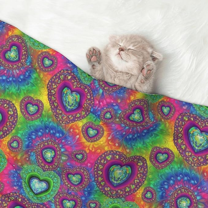 Reversible Plush Dot Pet Blanket for Dogs and Cats, Tie Dye Psychedelic Purple Love Heart, Ultra Soft Two Sided Design with Warm Fuzzy Side and Smooth Side for Comfort