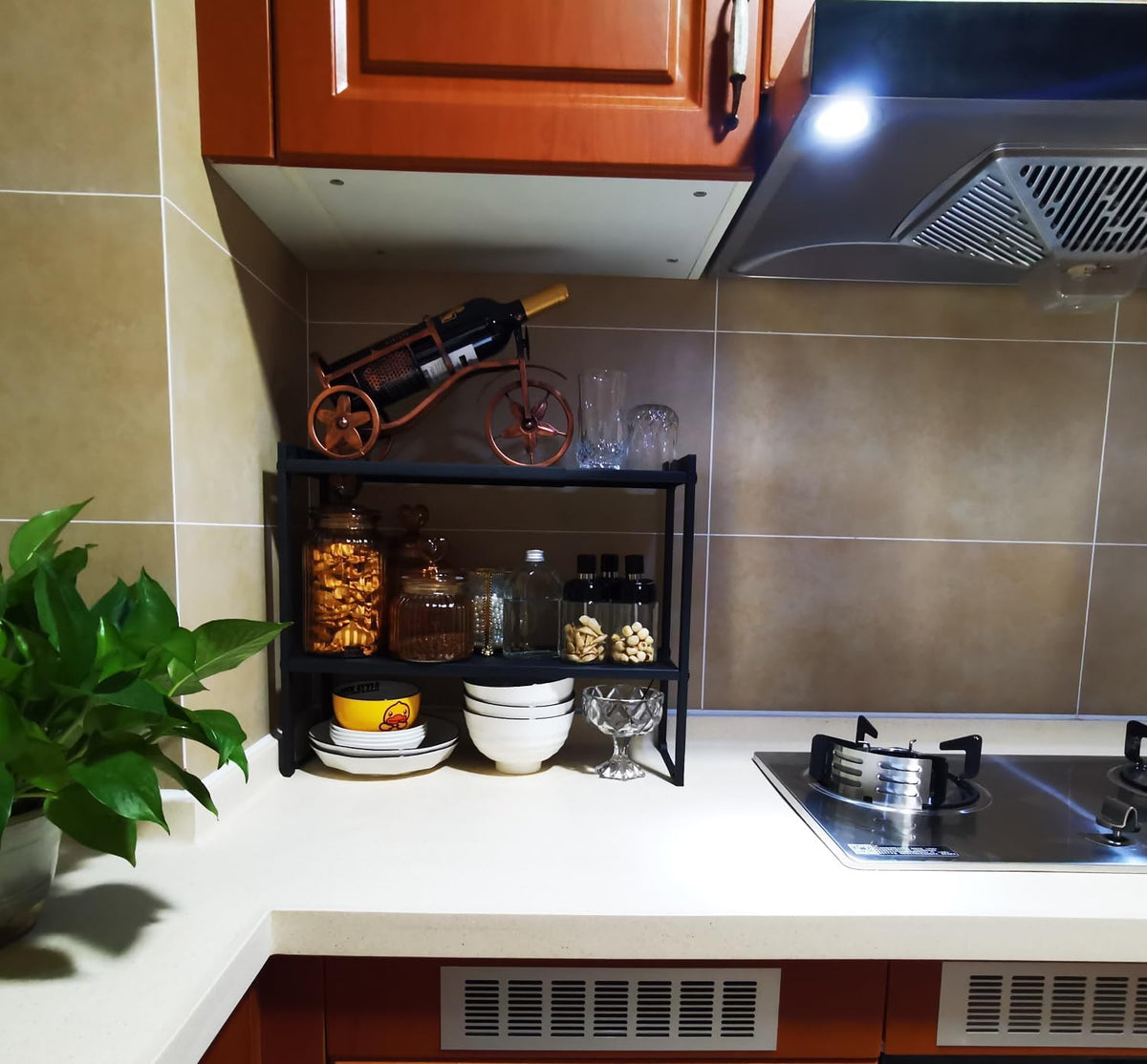 2 Tier Expandable Shelf 7.9"D Adjustable Countertop Riser Metal Black
