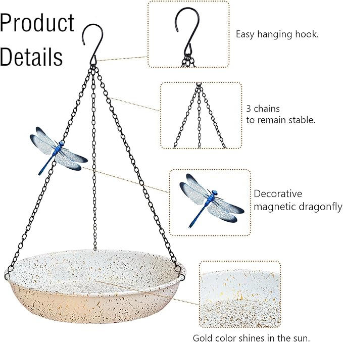 Hanging Metal White Birdbath with Gold spot 11 inches Wildbird Bird Feeder for Outdoor with Black Chains for Garden Yard Decor