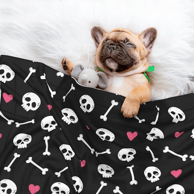 Dog and Cat Blanket in One, Cartoon Skulls with Hearts On Black, Double Sided Plush Throw with Raised Dot Pattern on One Side and Flat Velvet on Other for Variety