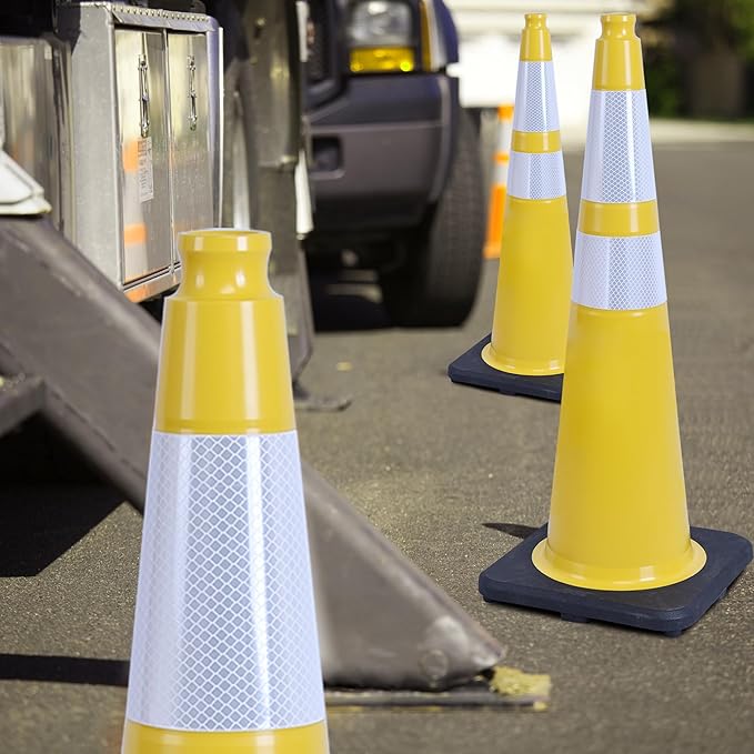 OrangeStar 8-Pack 36" Yellow Traffic Cones with Weighted Rubber Base, 2 Reflective Collars, Large Safety Cones for Parking Lot, Road Construction, Warehouse, Highway, Weatherproof PVC