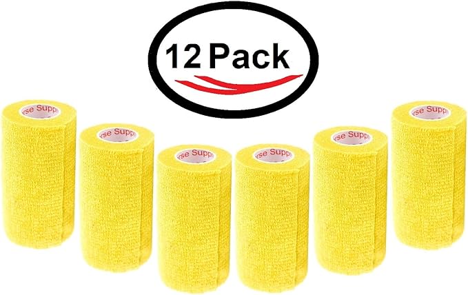 3 Inch Vet Wrap Tape Bulk (Yellow) (Pack of 12) Self Adhesive Adherent Adhering Flex Bandage Grip Roll for Dog Cat Pet Horse