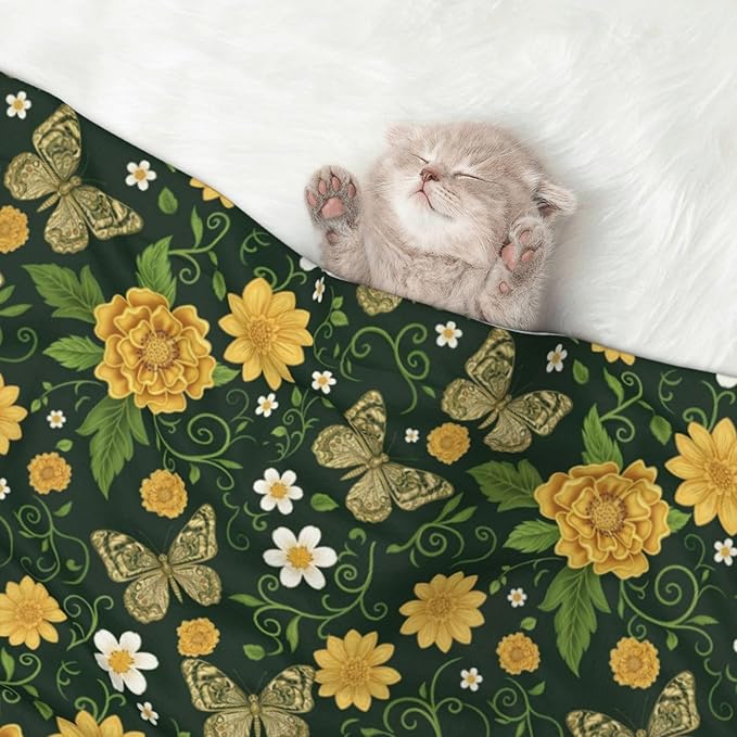 Two Sided Pet Cuddler Blanket for Anxiety Calming, Gold Flowers with Butterfly, Reversible Plush Design with Bubble Dot Pattern Provides Familiar Surface Anywhere