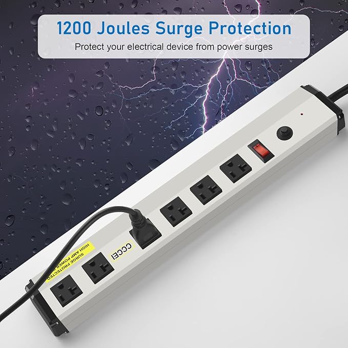 CCCEI Heavy Duty Power Strip Surge Protector 20 Amp, High Amp Industrial Shop Garage Metal Multiple Outlets, 4 FT 12 Gauge 5-15P Extension Cord 6 Outlet 6-20R T-Slot 20a for Appliance.