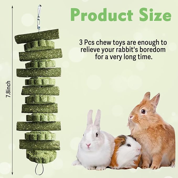 kathson 3Pcs Bunny Chew Toys Rabbit Chewing Toy for Teeth Hanging Grinding Chinchilla Treats Timothy Grass Cake Molar Balls for Guinea Pigs Hamsters Gerbils Rats Squirrels Playing Improve Pets Dental