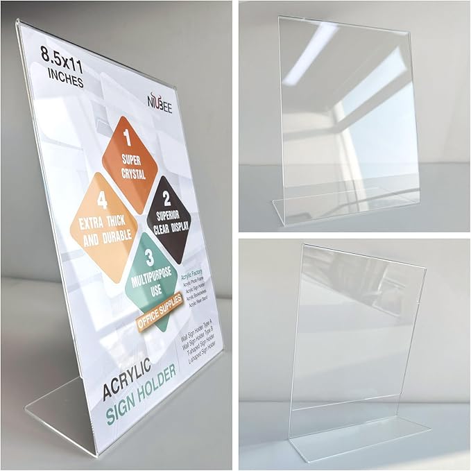 NIUBEE Slanted Back Acrylic Sign Holder 8.5 x 11 Inches, Clear Plastic Sign Holder Paper Display Table Stand for Office, Store, Restaurant (3 Pack)