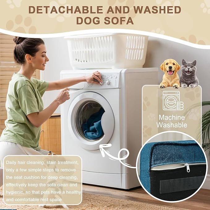 Dog Sofa Couch for Medium to Large Dogs, Memory Foam Dog Couch with Washable Fabric, Removable Cushion, Sofa Bed for Medium and Large Dogs, Blue