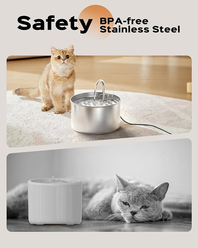 AOOGITF Cat Water Fountain + 6 Filters + 3 Sponges, 304 Stainless Steel Pet Water Fountain, 24 Hours Keep The Water Clean, 74oz Capacity, Ultra-Quiet, No Sputter, Compact, Easy Cleaning