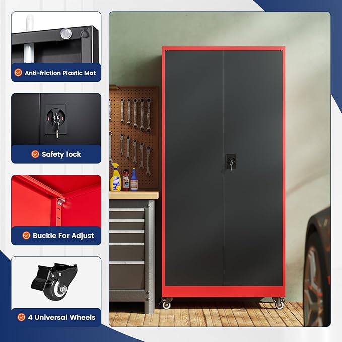 Yizosh Metal Garage Storage Cabinet with Locking Doors and Adjustable Shelves,- 75" Rolling Steel Tool Cabinet for Home Office,Garage,Warehouse