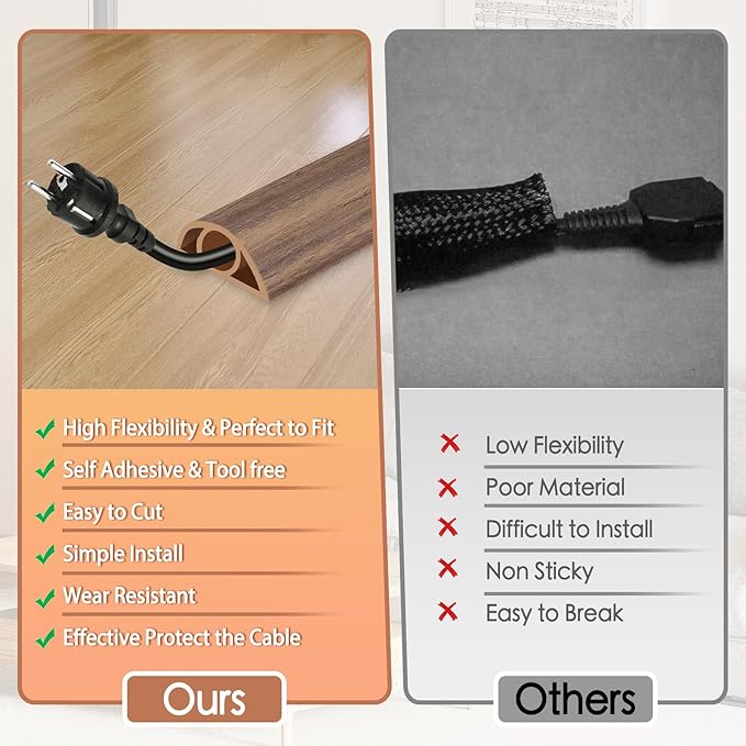 Floor Cord Cover for Wires on Floor Self Adhesive Cord Hider Floor Cable Management Wire Covers for Cords Protector Prevent Cable Trips Cord Cavity W 0.32" x H 0.32", Misty Brown Wood, 3.3Ft