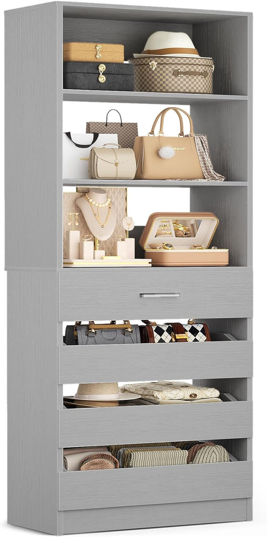 Aheaplus 21.3" Closet System with 4 Drawers, Wood Closet Organizer, Grey