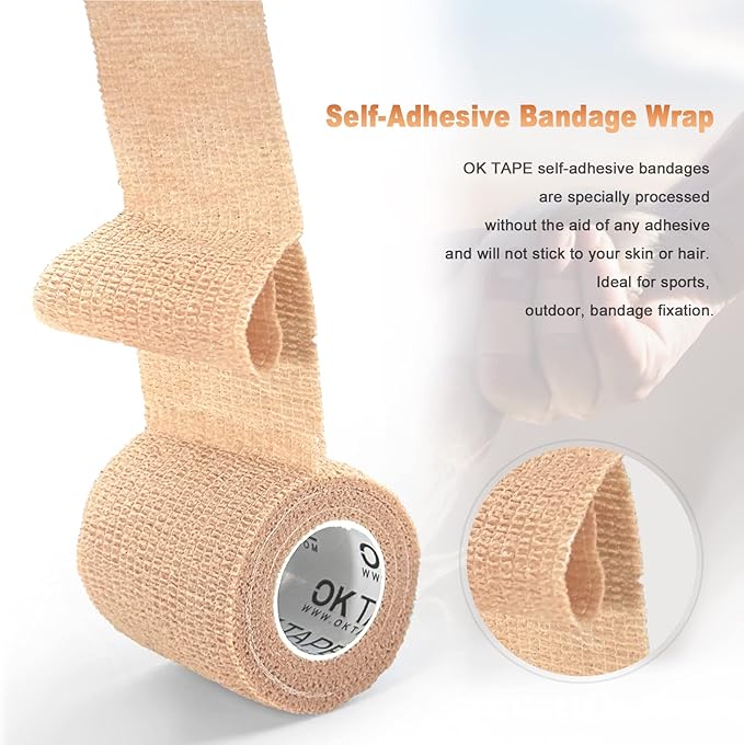OK TAPE Self Adherent Cohesive Bandages Wrap 12Packs, 2 Inches X 5 Yards, Non-Woven Self Adhesive Athletic Sports wrap Tape, Vet Wrap Bandages Tape, for Thumb Finger Wrist Ankle (White)
