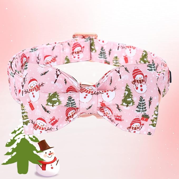 Christmas Dog Collar, Christmas Tree and Snowman Print Cute Winter Holiday Collars Cotton Adjustable Comfortable Pink Dog Collar with Bow,Stylish Collars for X-Large Girl Dogs