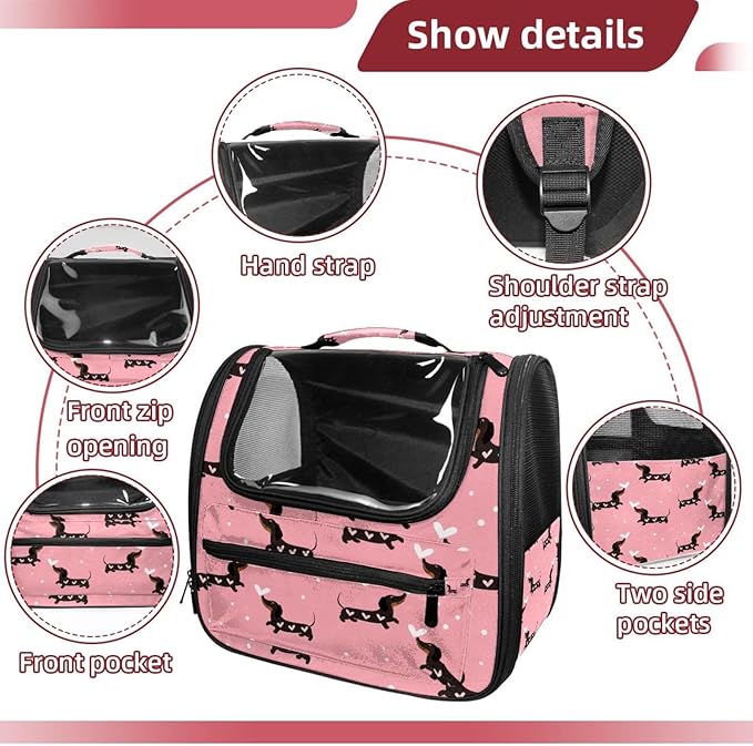 Dachshund Dogs and Hearts Pet Travel Carrier Soft Sided Portable Bag for Cats, Small Dogs, Kittens or Puppies