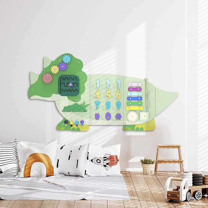 BlueWood Wooden Wall Busy Board Panels, Toddler Learning Activity Center, Montessori Philosophy Sensory, Educational Toys, Conducive to All-Round Development - Triceratops