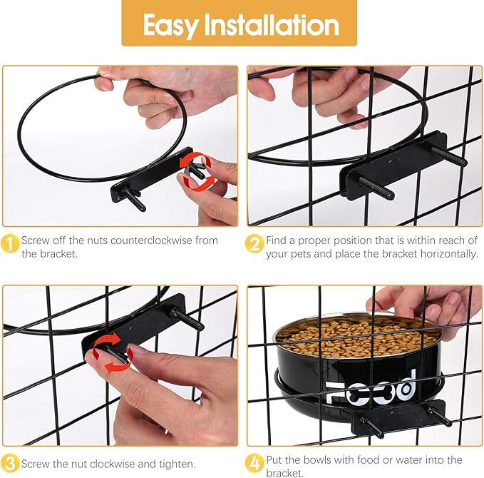 2 Pcs Large Pet Dog Food and Water Bowl Set for Cage, Stainless Steel Non-Spill Kennel Hanging Cats Pets Bowls Crate Feeder Dish with Clamp Holder for Medium Large Dogs Pets (7.1x3.7'' & 7.1x2.5'')