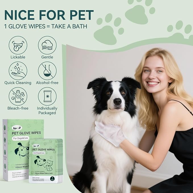 WLP Pet Glove Wipes for Dogs & Cats, Cleaning Deodorizing Hypoallergenic Hydrating Grooming Wipes, Individually Wrapped, Enriched with Aloe & Jojoba Oil for Daily Care, Traveling (12 PCS)