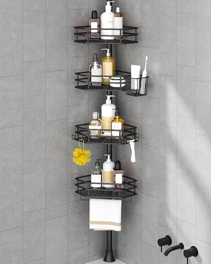 SEIRIONE Corner Shower Caddy Tension Pole, Quick Setup, Rust-Free Bathroom Shower Organizer Corner for Bathtub Shampoo Storage, 4-Tier Adjustable Shelf, Drill Free, Fits 34 to 116 Inch Height, Black
