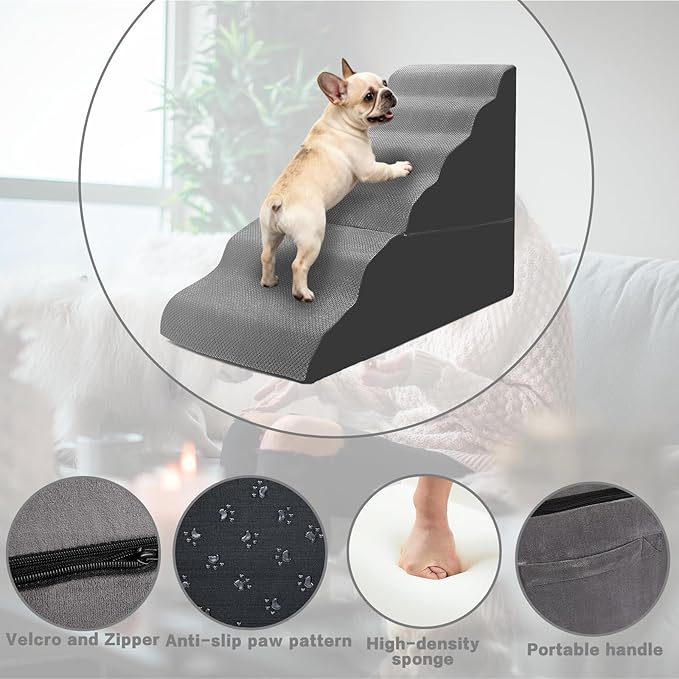 Dog Stairs for High Beds 30-36 inches Tall, 6-Step Dog Steps for Bed 32-36 inches for Small Large Dogs, Doggie Ramp for Bed, 30D Foam Pet Stairs for Old Dogs/Cats, Free-Installation, Grey