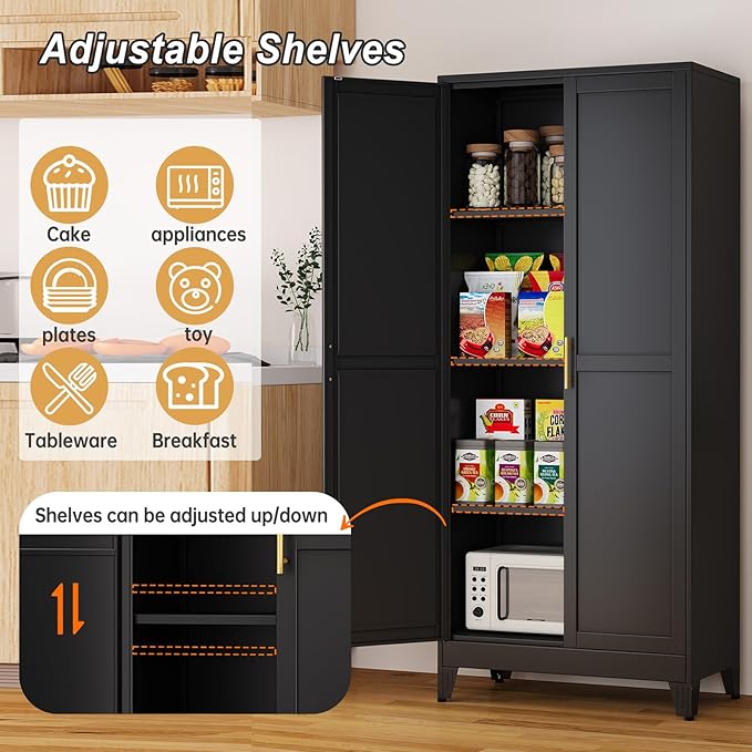 Metal Pantry Cabinet with 2 Doors and Adjustable Shelves, 61"Kitchen Storage Cabinet with Gold Handles, Versatile Storage for Laundry, Living, Bathroom, Dining, Utility Room - Black