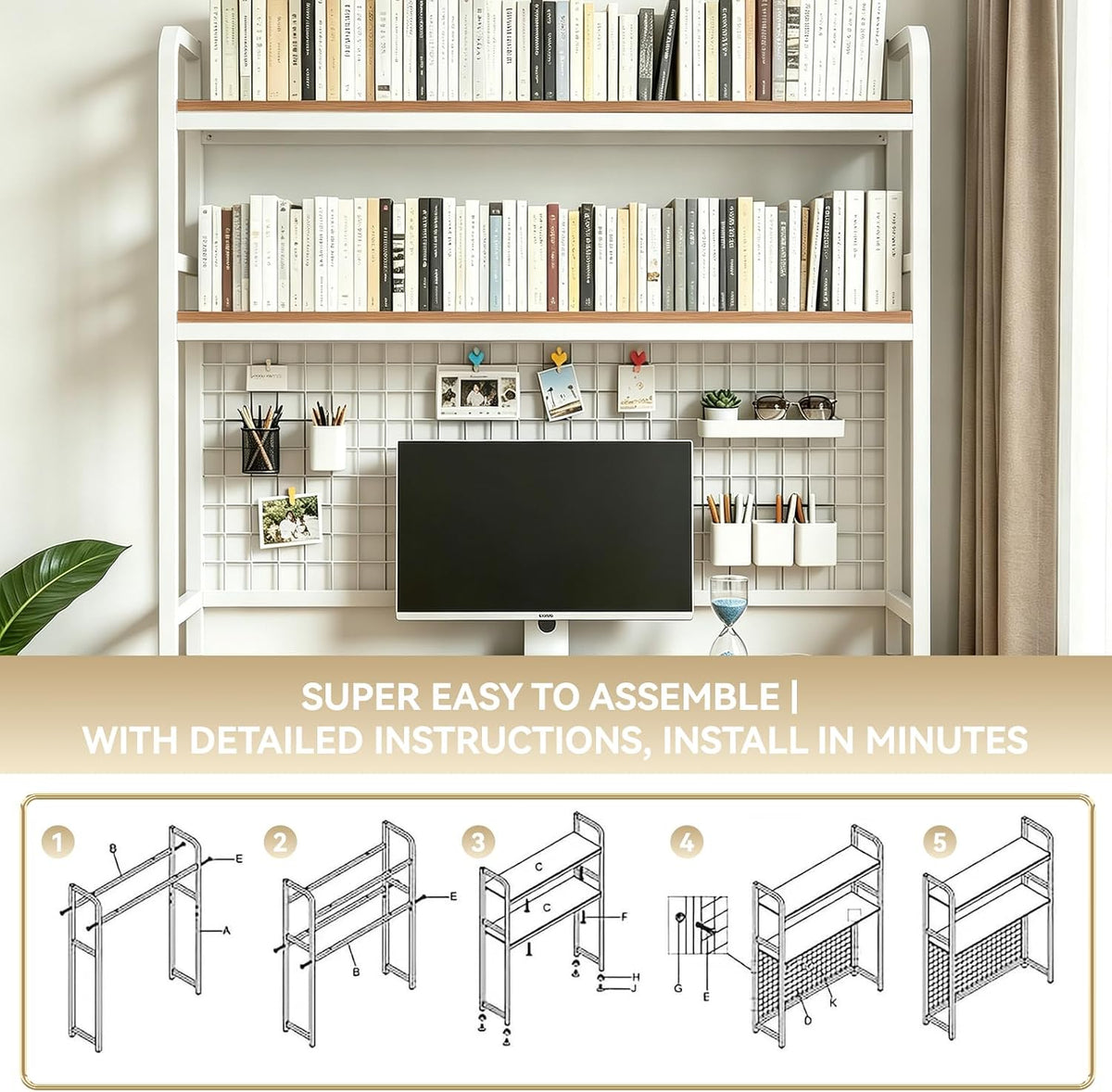 Desktop Bookshelf with Pegboard, 2-Tier Desk Hutch Storage Organizer Rack, Metal Frame & Wood Board, for 27-inch Monitor, Home Office & Dorm，White,45.3" W