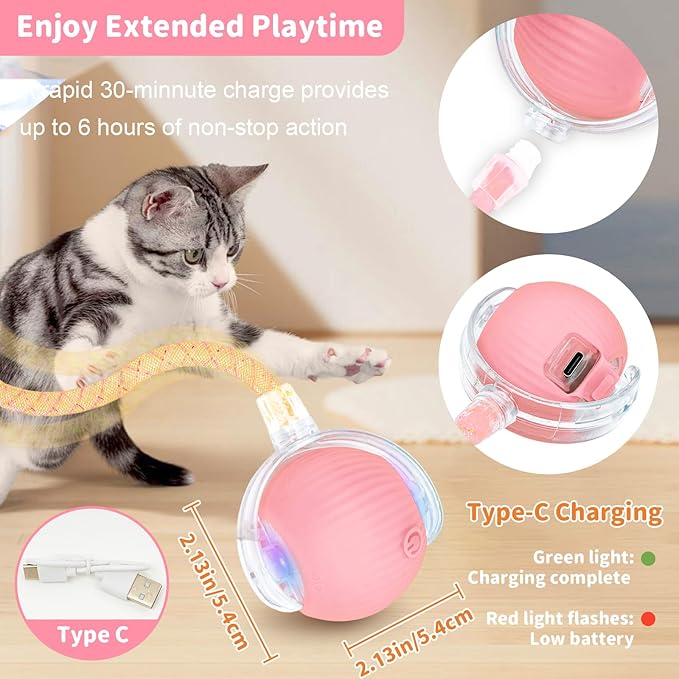 Interactive Cat Toys for Indoor Cats Smart Automatic Ball Rolling for Bored Kitten Pet Upgraded Speedy Moving Chase Dogs Toy Pink Dragonfly