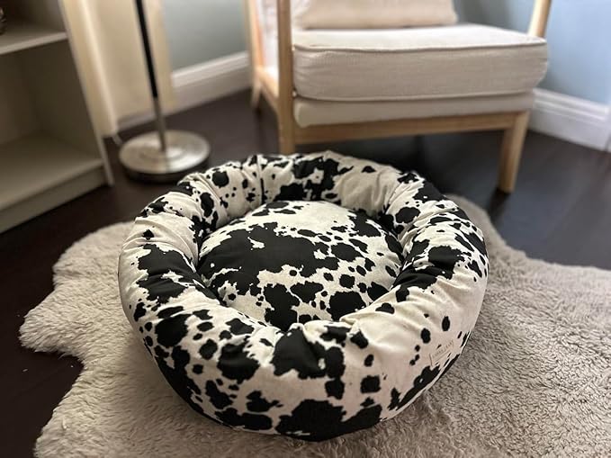 Organic Cotton Canvas Dog Bed: Removable Cover, Natural Fill - Made in USA (Cow Print Black White, Small 24" x 7" inches)