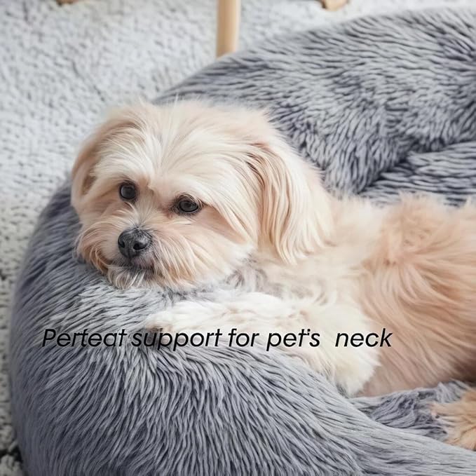 SALAN Dog & Cat Bed for Indoor Cats, 16in Calming Donut Bed for Puppy and Kitten, Washable Round Fluffy Pet Bed for Small Medium Dogs and Cats.(Gray)