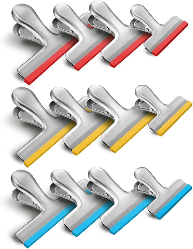 HOUSE AGAIN 12 Pack 3 Sizes Stainless Steel Chip Bag Clips Covered with Silicone - NO More Sharp Edges - Air Tight Seal Bag Clips, 5 Inches, 3 Inches and 2.5 Inches