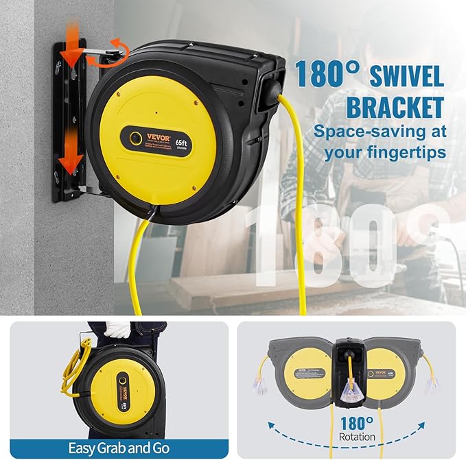 VEVOR Retractable Extension Cord Reel, 65 FT, Heavy Duty 12AWG/3C SJTOW Retractable Power Cord with Lighted Triple Tap Outlet, 15 Amp Circuit Breaker 180° Swivel Bracket for Ceiling or Wall Mount