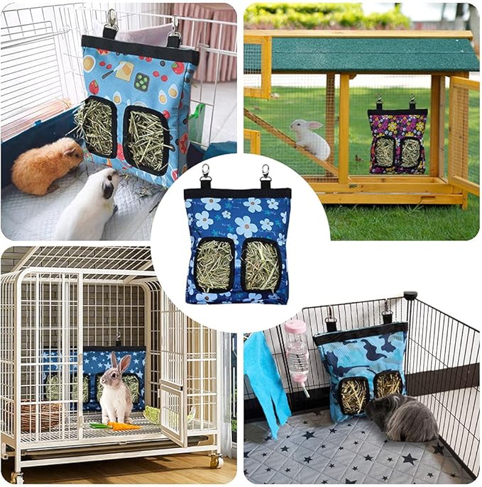 Guinea Pig Hay Feeder, Hanging Rabbit Hay Feeder Bag for Guinea Pigs Bunnies Chinchillas. Little Flower + Blue Flower，2 Count
