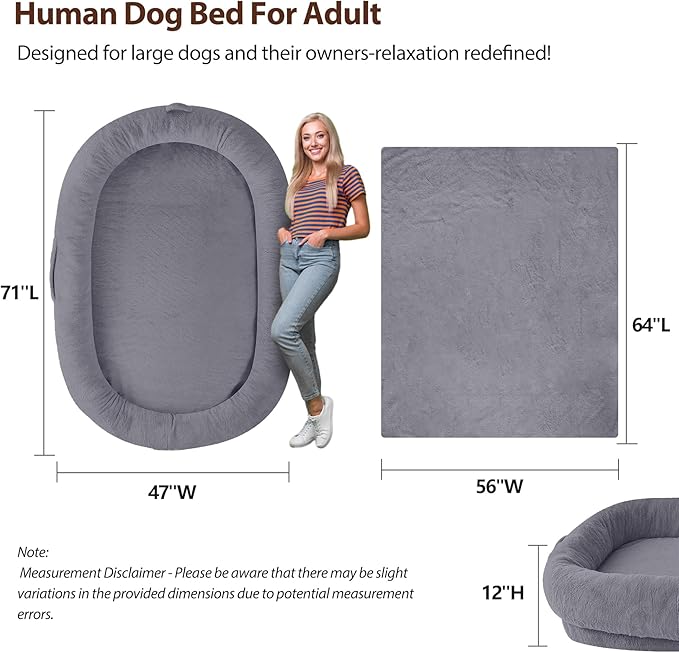 L&W BROS. Orthopedic Human Dog Bed for Large Dogs and Adults, Washable Extra Large Pet Couch with Removable Cover & Blanket, Supportive Memory Foam Lounger 71"x47" (Dark Gray)