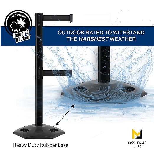 Montour Line MSR630D Set of 2 Retractable Belt Barrier Stanchion, Heavy-Duty Rubber Base, Red Post (11 ft Yellow with"Caution - Wet Floor" Black Letters Dual Belt)