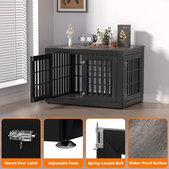 42" Heavy Duty Dog Crate Furniture for Small,Medium and Large Dogs,Rustic Wooden Dog Cage Kennel Indoor Furniture with Waterproof Top,Decorative Pet House Side End Table (Black & Grey)