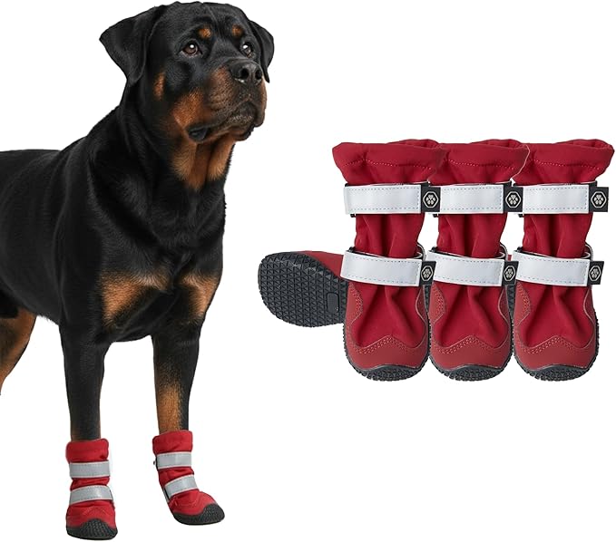 Spark Paws Dog Shoes, Waterproof Dog Boots for Medium to Large Dogs, Non Slip, Breathable Dog Booties and Paw Protectors - 4PCS Doggie Hiking Boots with Reflective Straps, Red, Size 7