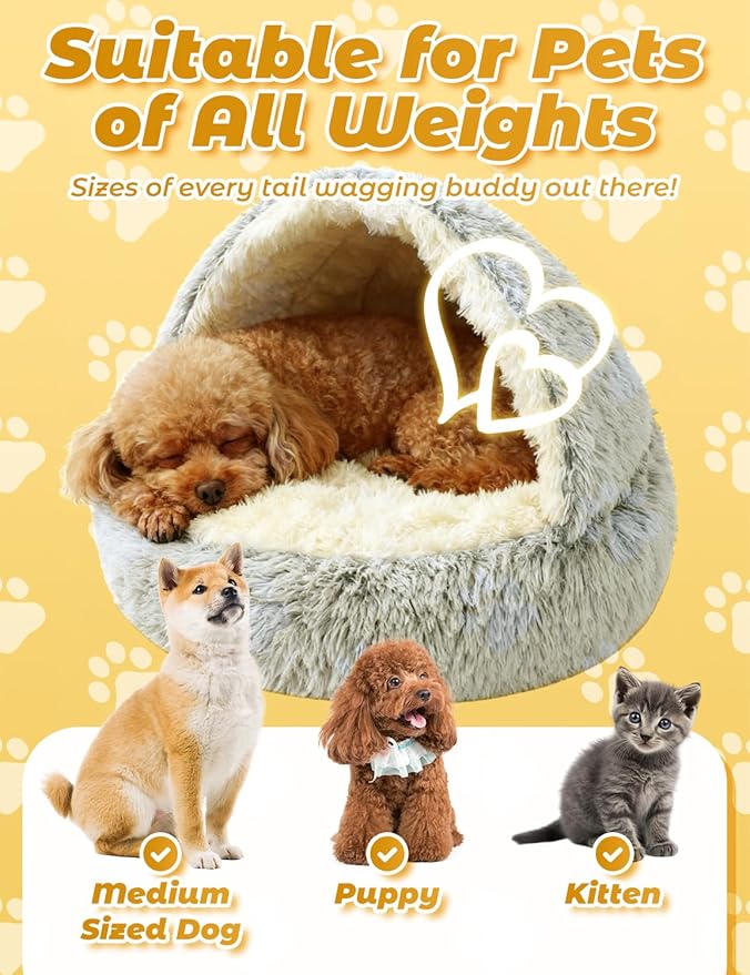 Dog Bed, Dog Bed with Cover Cave, Dual Comfort Design, Pet Bed for Small/Medium/Large Cats and Dogs, Anxiety Relief, Durable & Chew-Proof, Improves Sleep & Behaviour (Gray, 28in)