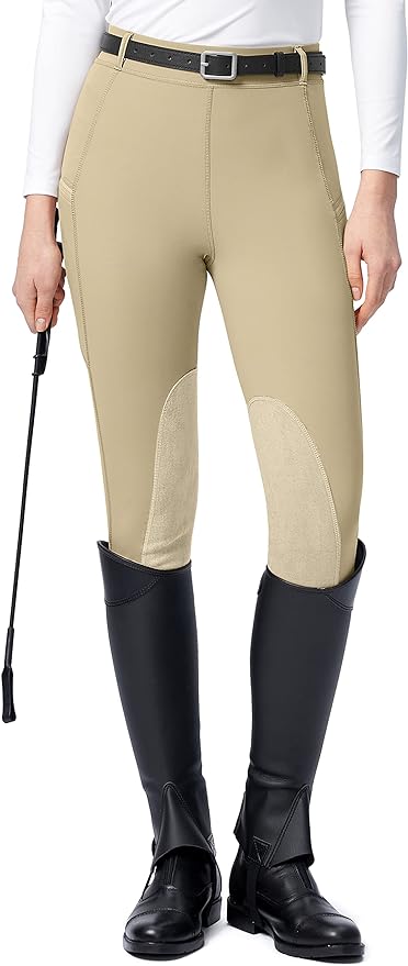SANTINY Women's Horse Riding Pants with Zipper Pockets Knee-Patch Schooling Tights Equestrian Breeches for Women