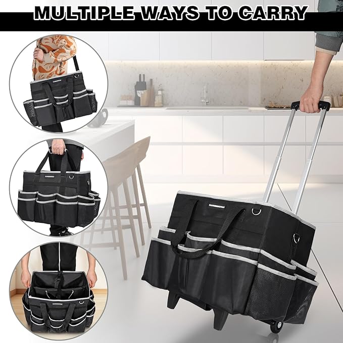 Large Rolling Cleaning Caddy Bag, Cleaning Caddy with Wheels with Detachable Trolley for Housekeepers, Water Resistant Cleaner Supplies Organizer with Wheels for Kitchen, Car, Picnic (Black-Grey)