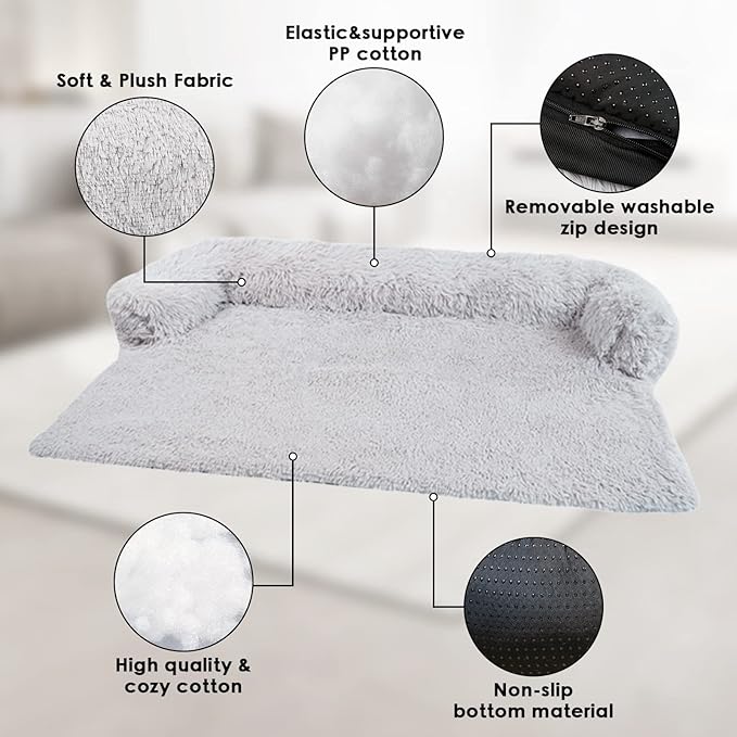 X-Large Washable Removable Calming Dog Bed,Fluffy Plush Dog Couch Bed,Couch Cover for Dogs with Dogs Landing Furniture Protector,Dog Beds for Extra Large Dogs and Cats.(XL(45x37x6),Light Grey)