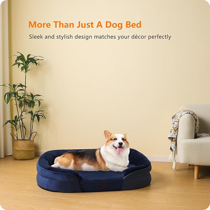 Dwanton Orthopedic Dog Bed for Medium Dogs with Gel Memory Foam, Waterproof Dog Sofa, Washable Pet Bed with Four Sided Bolster Cushion, Removable Cover & Non-Slip Bottom, 35", Navy Blue