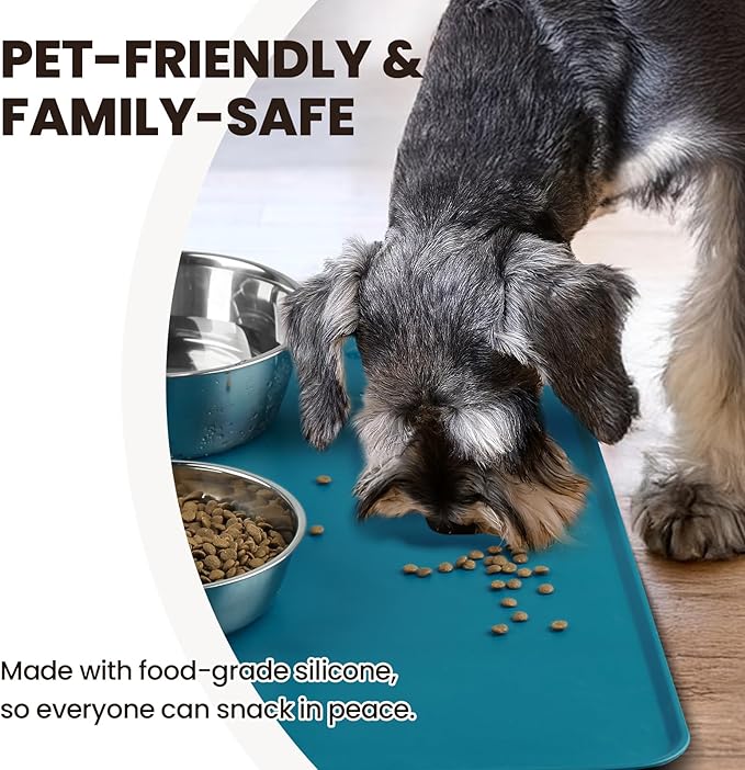 VIVAGLORY Dog Food Mat Flexmat Dog Bowl Mat, Placemat Food Tray with Raised Edges & Lip for Indoor Floor, Non Slip Waterproof Silicone Dish Placemat for Cat & Pet, S, Deep Blue