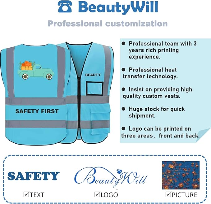 BeautyWill Safety Vest Custom Logo Class2 High Visibility Reflective Vest with 5 Pockets Construction Security Work Vest ANSI/ISEA Standards（Blue，4XL ）