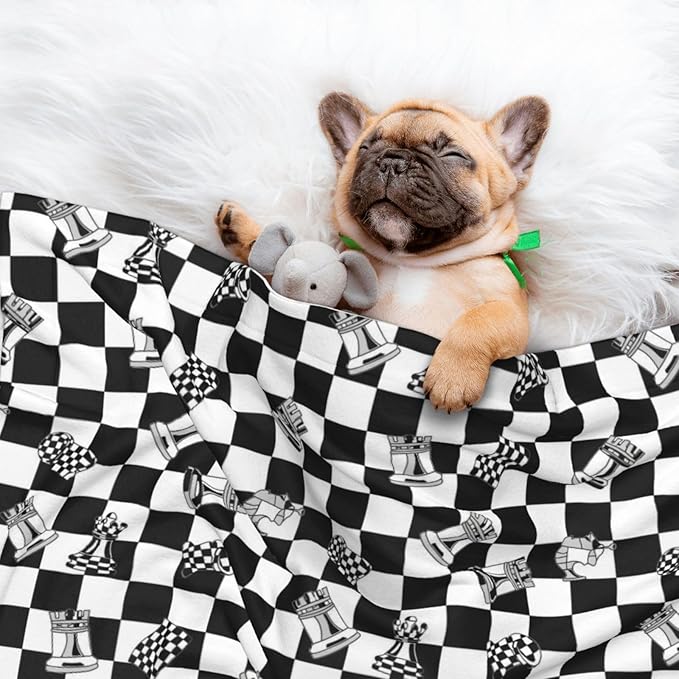 Reversible Plush Throw for Dogs and Cats, Checkered Race Waving Flag, Double Sided Blanket with Nubby Dot Side and Sleek Side Ideal for Cuddling Nesting Security