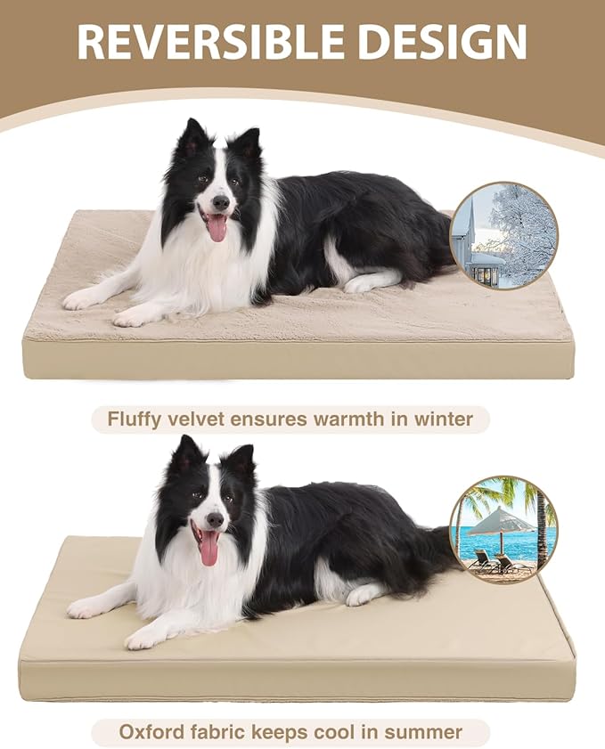 KSIIA Orthopedic Dog Bed Crate Waterproof Pet Mats for Extra Large Dogs Deluxe Plush Washable Pet Bed with Egg Crate Foam & Removable Cover, 47 x 29 Inch, Khaki