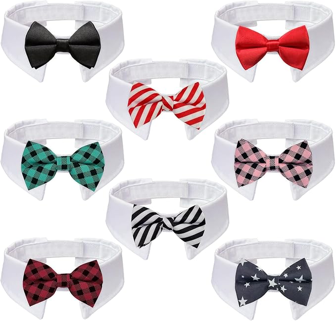 KOOLMOX 8PCS Adjustable Tux Dog Collar with Bow Tie, White Tuxedo for Large Dogs Wedding Attire