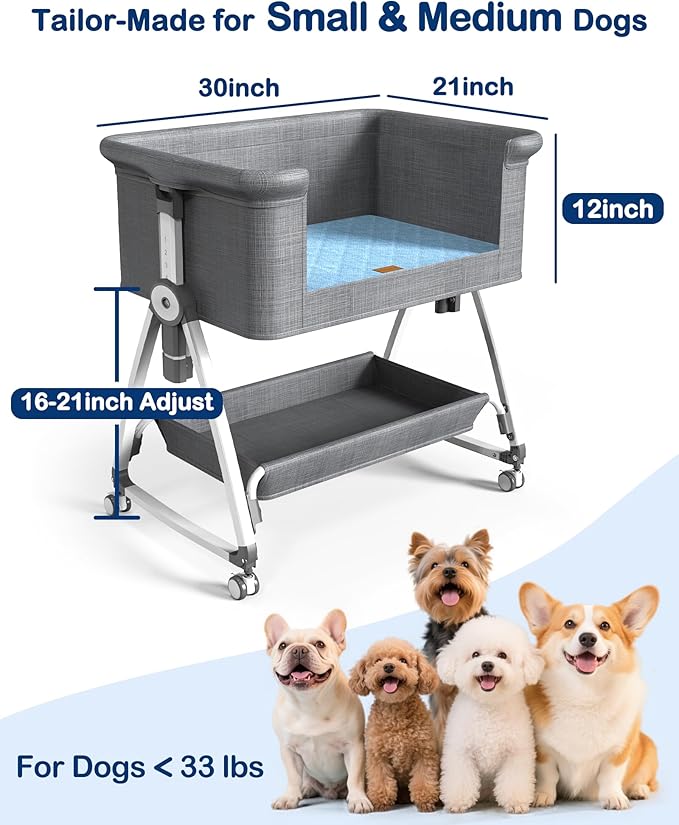 Bedside Dog Bed, 6-Height Adjustable Elevated Cat Bed for Small & Medium Puppy & Cat, Extension for Human Bed, Pet Bassinet with Removable & Washable Cover, Dogs Couch with Sides (30" L x 21" W)