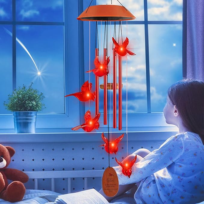 Cardinal Solar Wind Chimes Outdoor, Cardinal Bird Wind Chime Light with 4 Red Metal Tube, Cardinal Gifts for Women Mom Grandma, Birthday Gifts Memorial Sympathy Gift